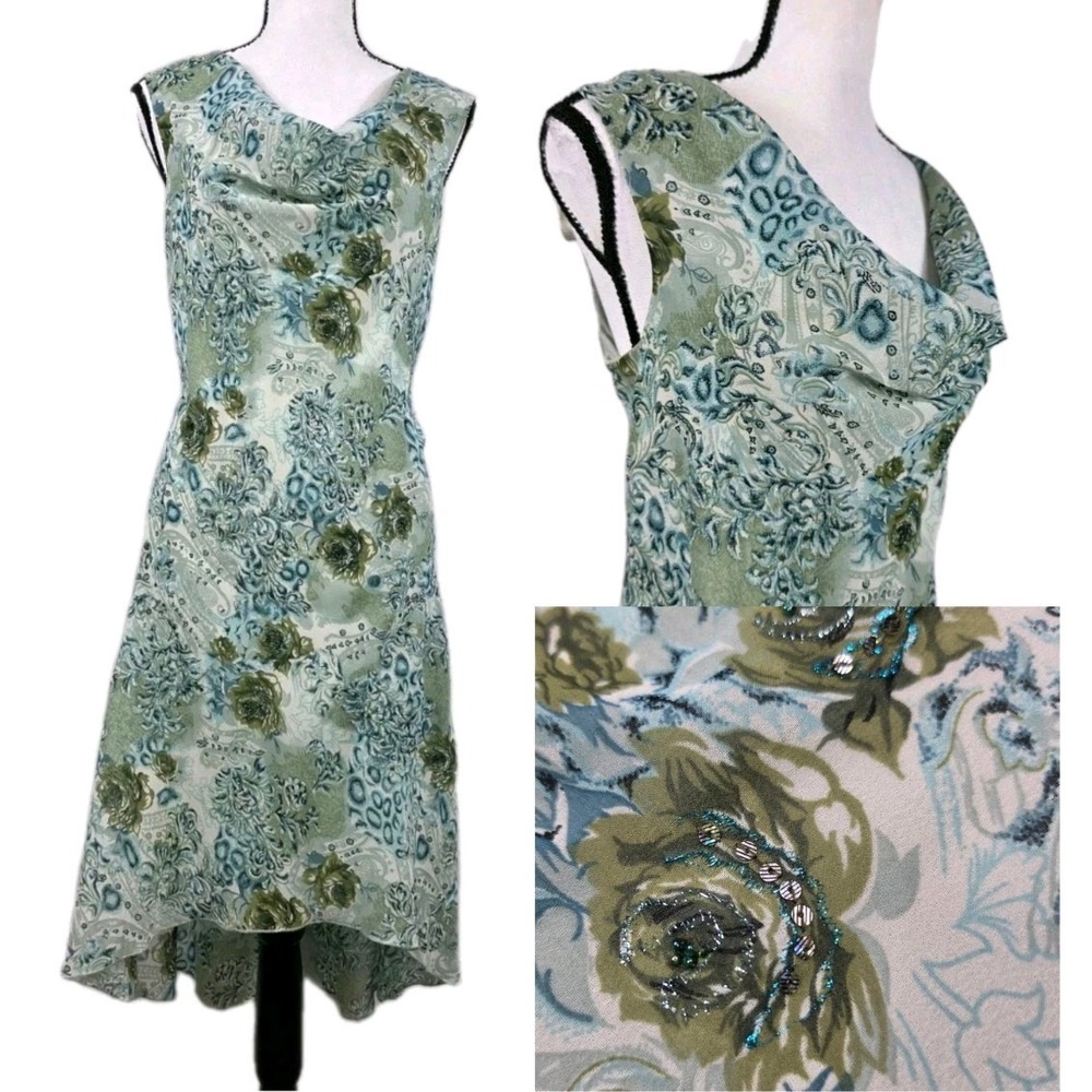Vtg Y2K 90s Midi Dress Sz 10 Floral Cowl Forest Fairy Earthy Romantic Boho 3098